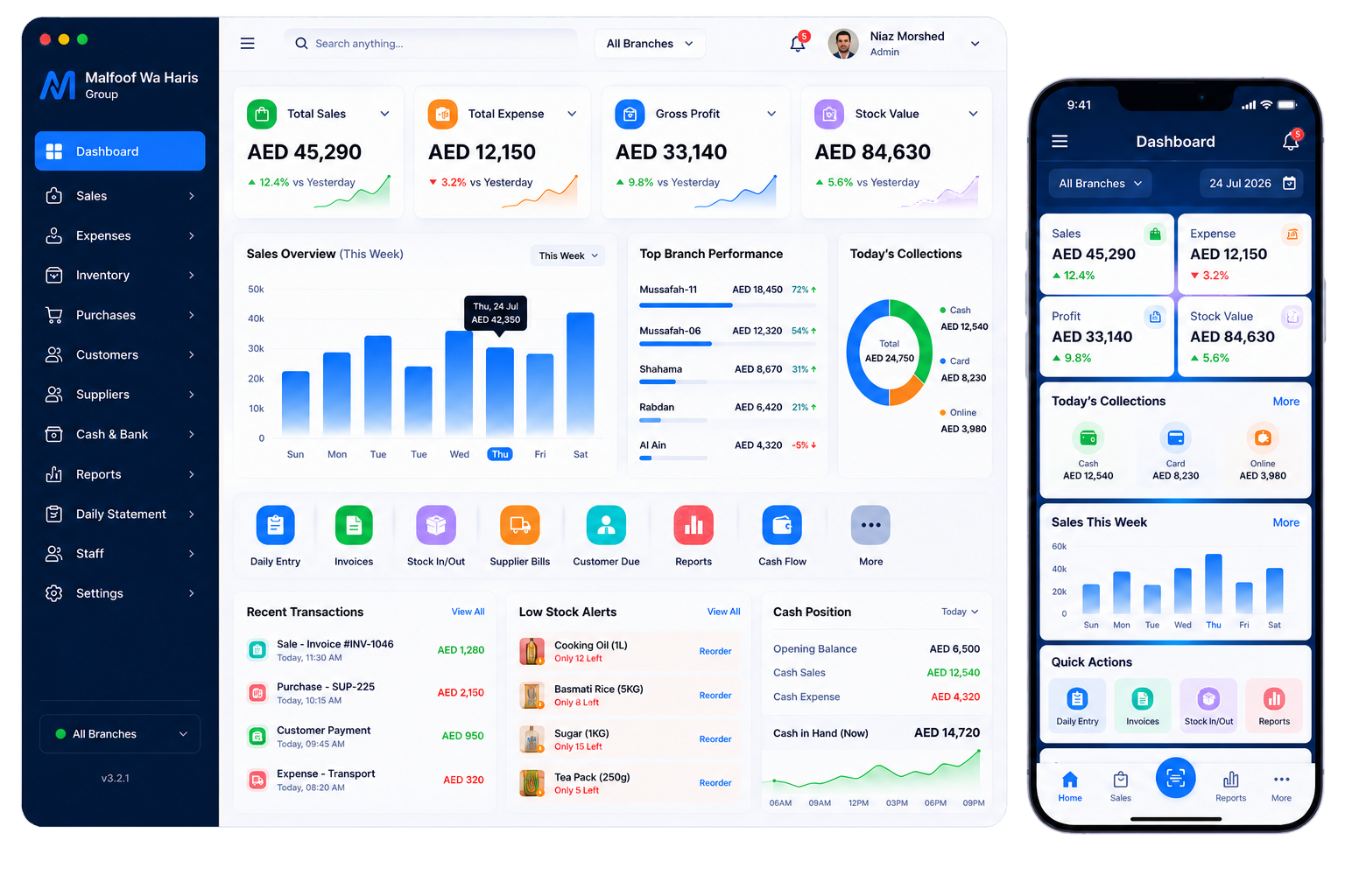 Business dashboard shown on desktop and mobile